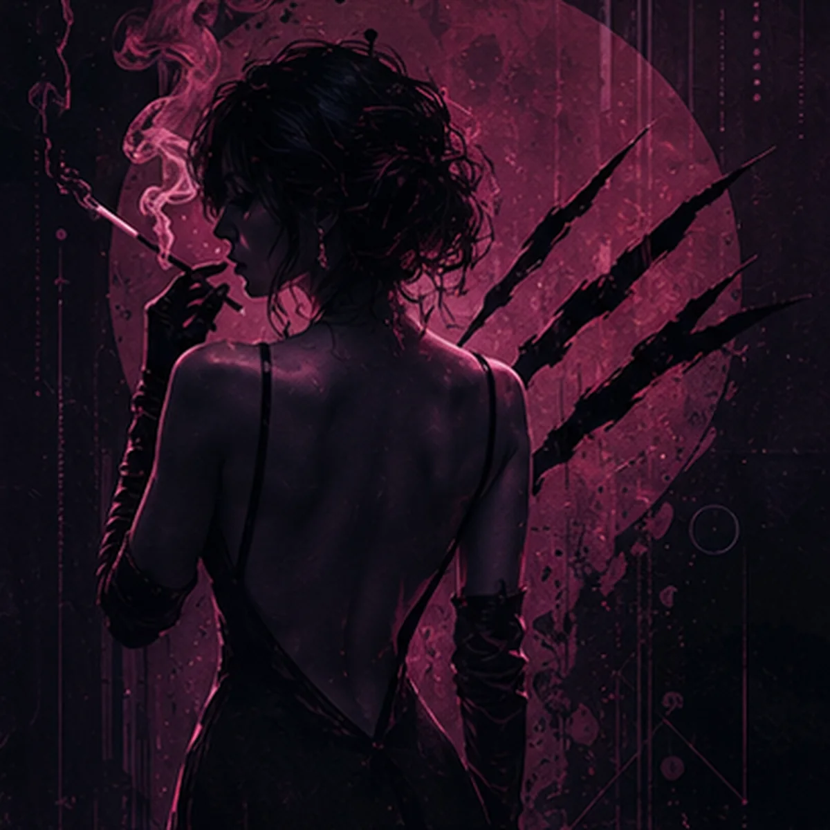 Cover art for Hell Cat showing a woman in silhouette smoking against a dark plum circle and claw-mark background.