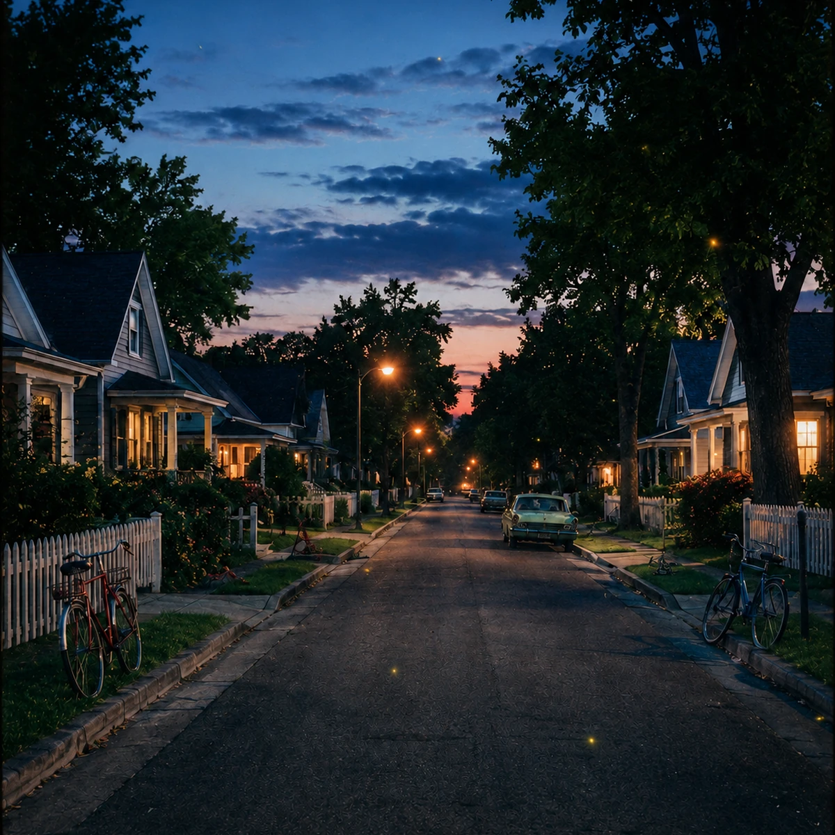 Cover art for Oh What a World showing a quiet neighborhood street at blue-hour dusk with porch lights, bicycles, trees, and small firefly-like points of light.