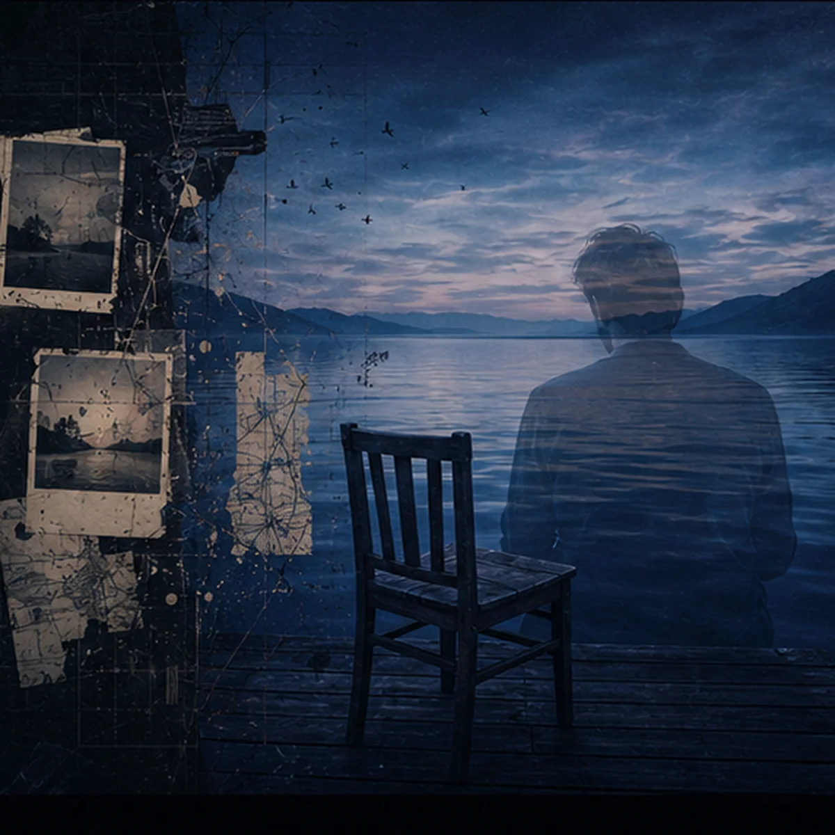 Cover art for The Version of Me You Never Met showing a seated figure by a lake at dusk, layered with photographs and faint map-like traces.