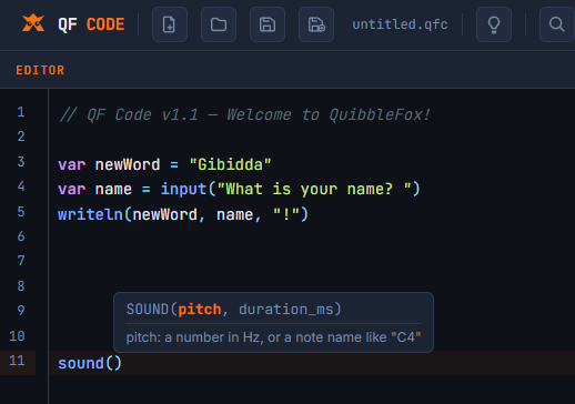 QF Code editor showing beginner-friendly code